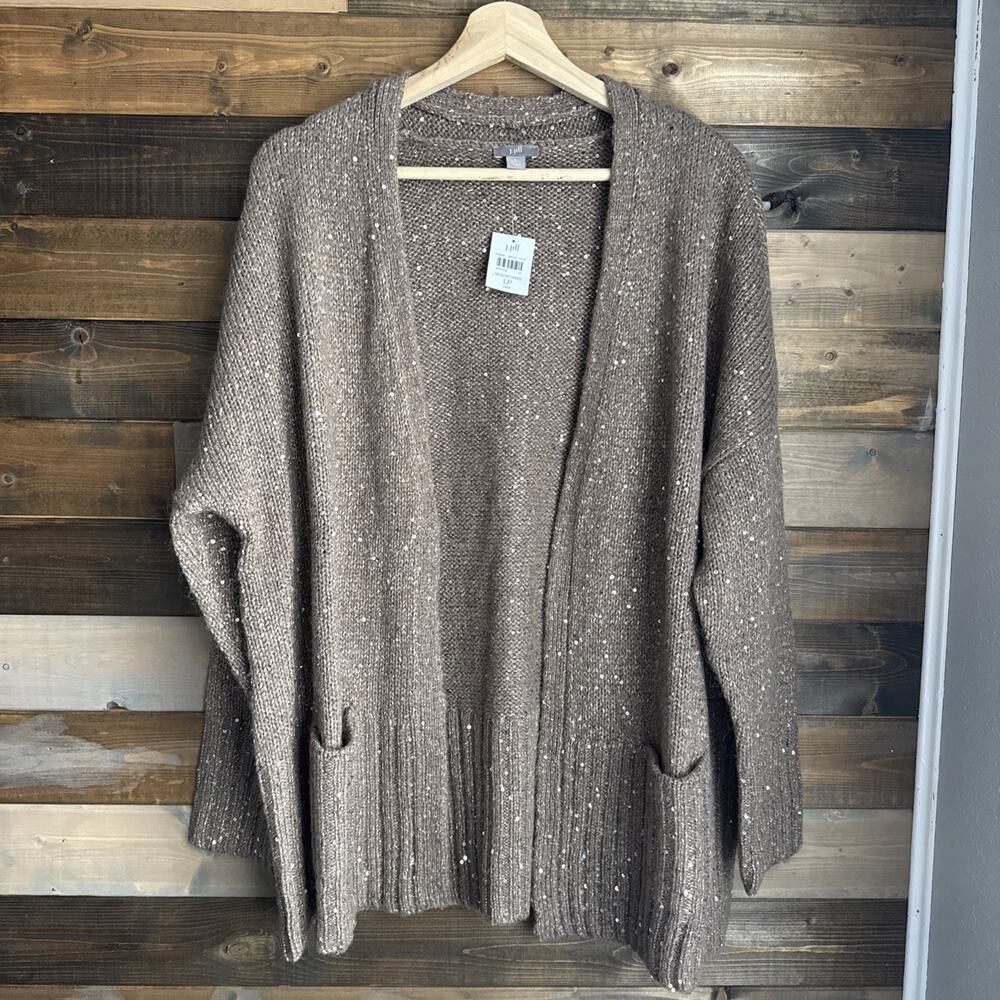 J.Jill NWT Mocha Tweed Sequin Cardigan Womens LP Wool Blend Open Drape Pockets